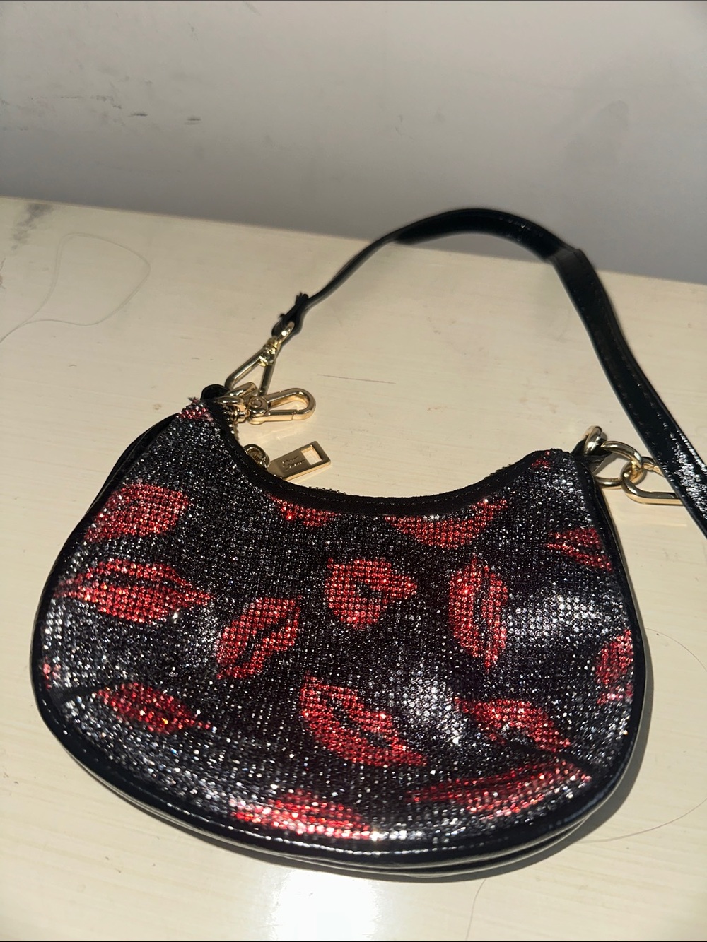 Betsy Johnson metallic sparkle kissy lips Black Patent mini crossbody bag